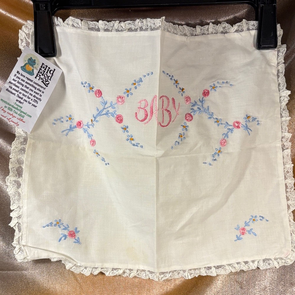 Embroidered Baby vintage pillowcase with‎ Lace Trim box z